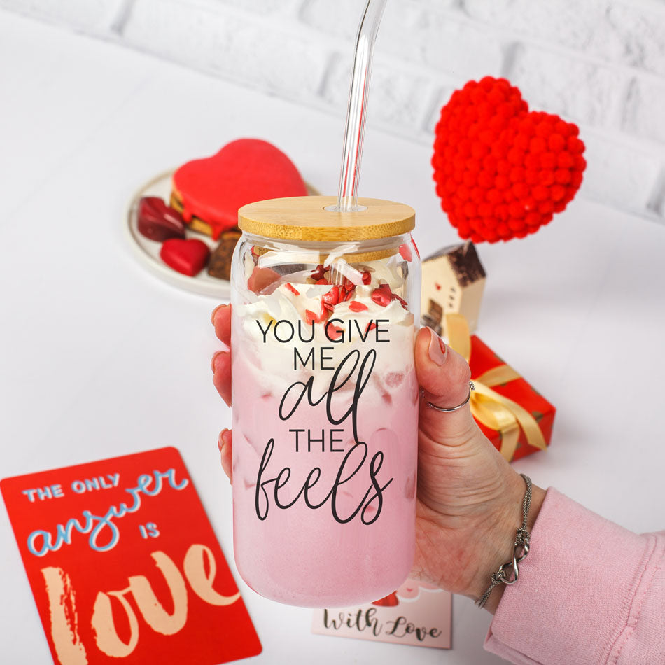 You Give Me All the Feels 20oz glass cup, bamboo lid, funny V-Day gift.
20oz glass cup with bamboo lid, You Give Me All the Feels for Galentineās Day.
